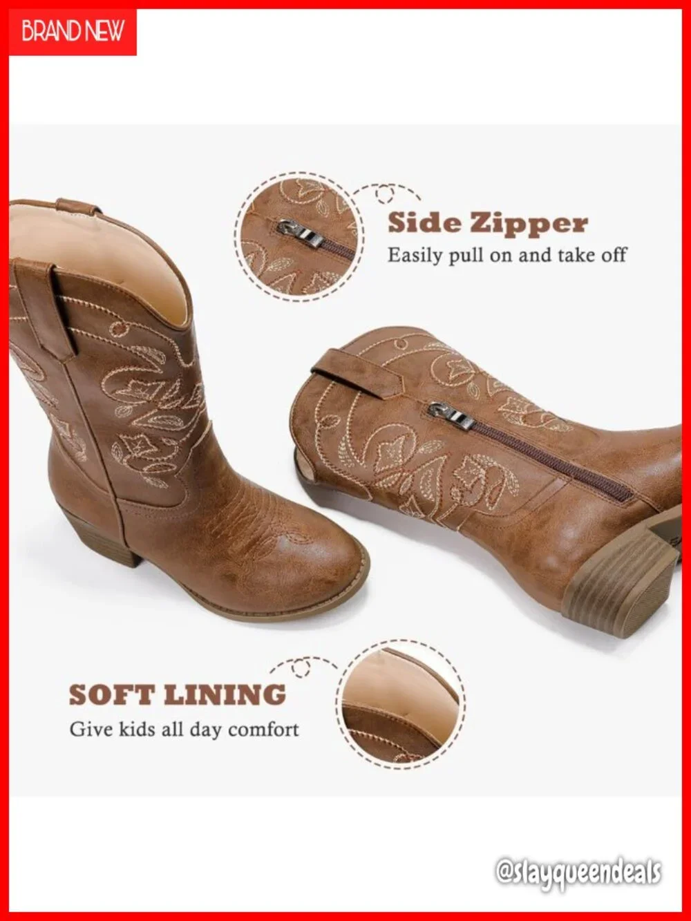 Girls Western Cowboy Boots Mid Calf Slip On Pointed Toe